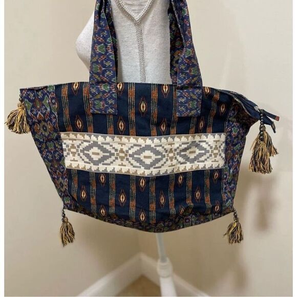 New Free  People Basel Tassel Patchwork Tote In Southwestern Pattern - Picture 3 of 7